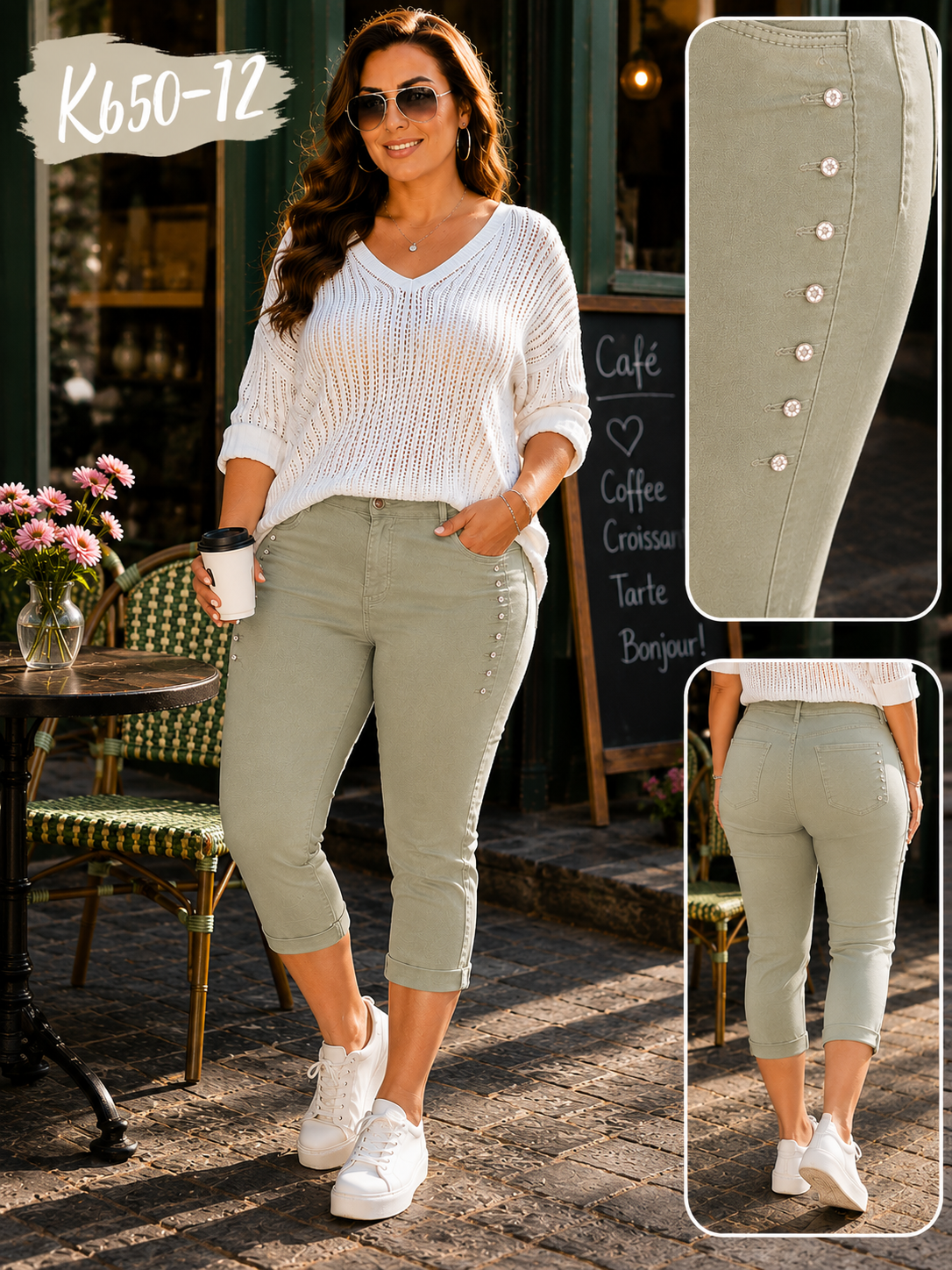 💚✨ Karostar Caprihose mit Glitzer-Steinchen – K650-12 | Gr. 44 ✨💚