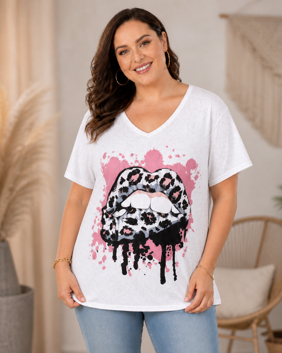 Oversize Shirt Lippenprint Leo-Look Gr. 42–48