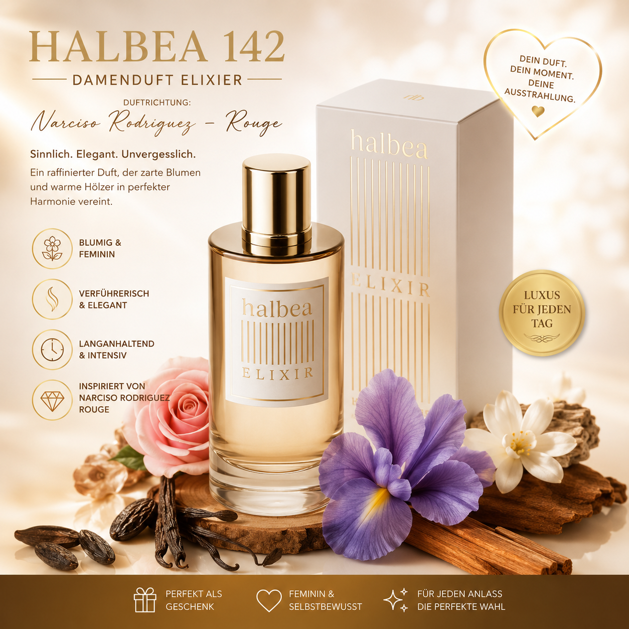 🌹 Halbea 142 Damenparfüm Elixier ✨ 🌸 Inspiriert von Narciso Rodriguez – Rouge 🌸