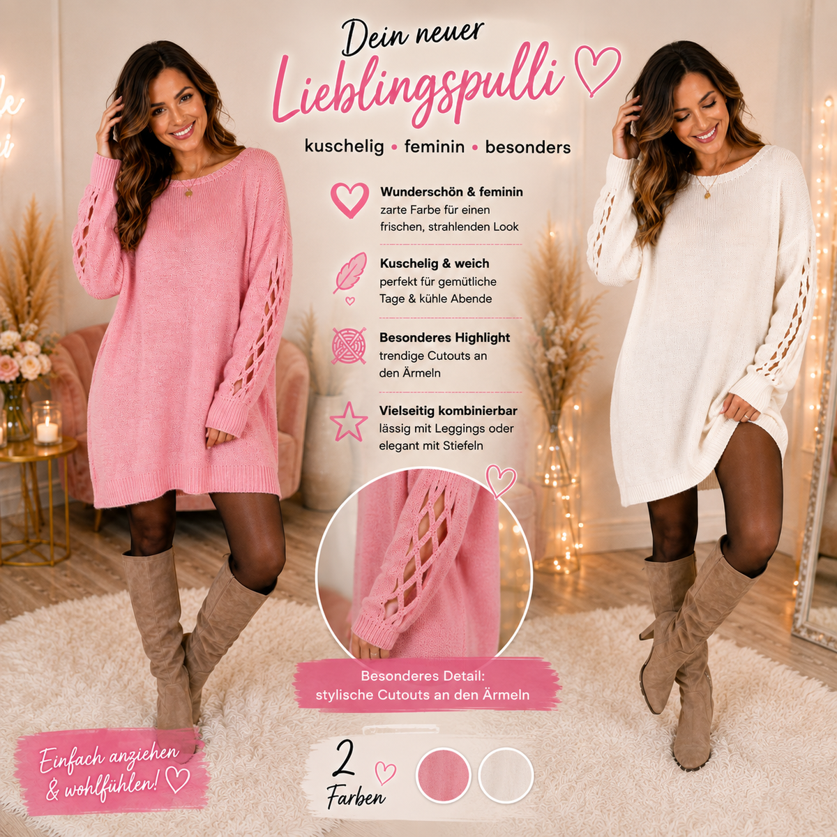 ✨ Longpullover mit CutOuts – Gr. 38–44, 2 Farben ✨