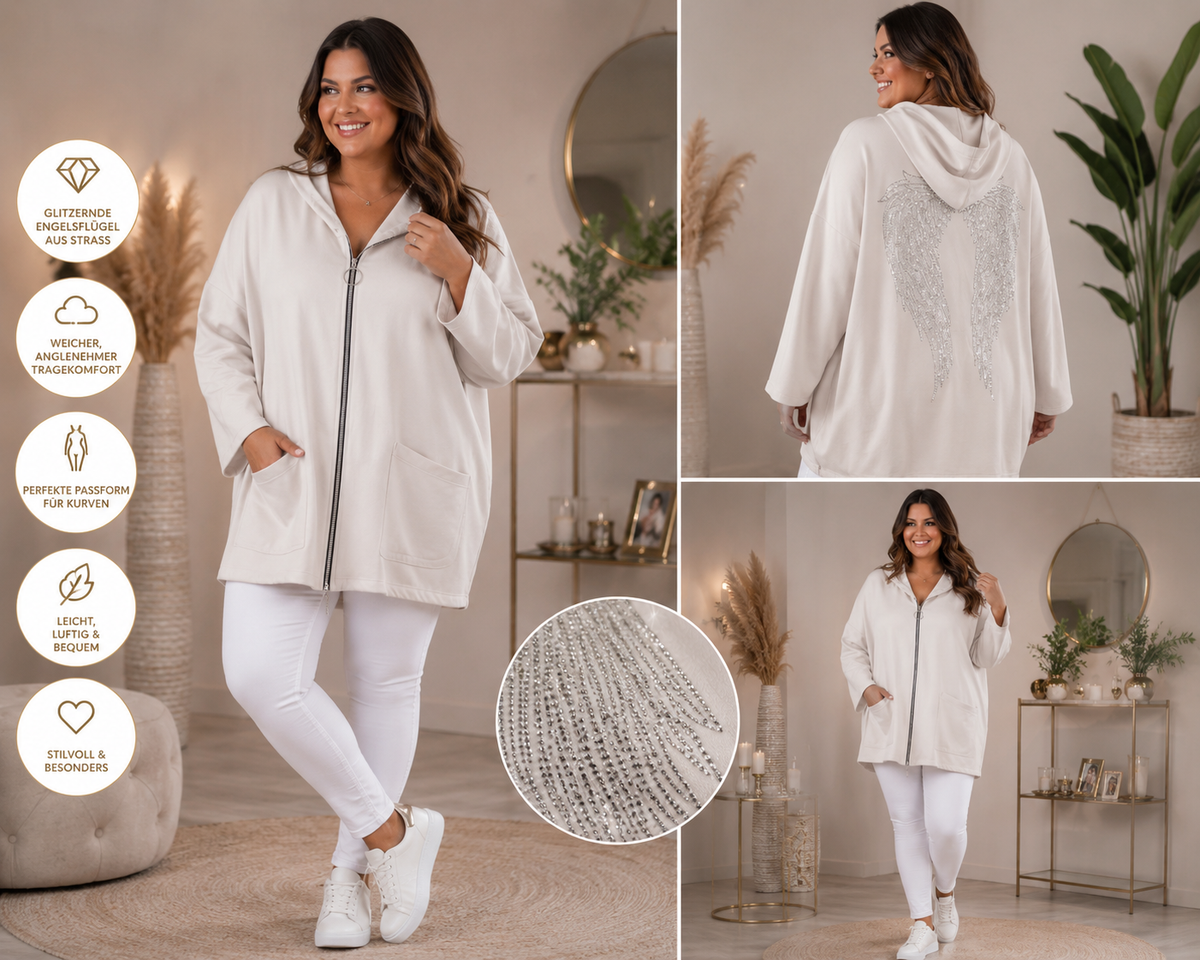 💎 Damen Longjacke Gr. 46–52 | Butterstoff | Strass-Engelsflügel | 5 Farben 👼✨