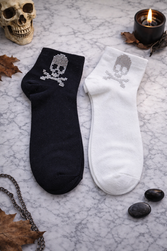 🧦 Damen Sneaker Socken mit Strass Totenkopf – Größe 38–41 – Schwarz & Weiß