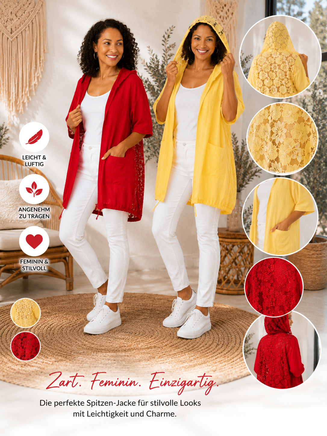 🌸 Spitzen-Jacke mit Kapuze – Gr. 38–44 | Rot & Gelb 🌸