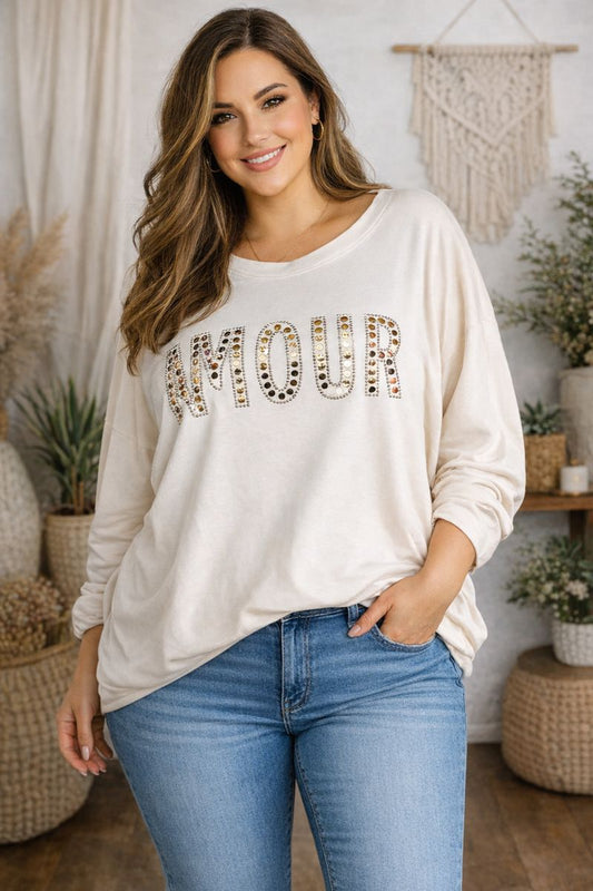 Trendiges Sweatshirt Amour mit Nieten Gr. 48 - 54