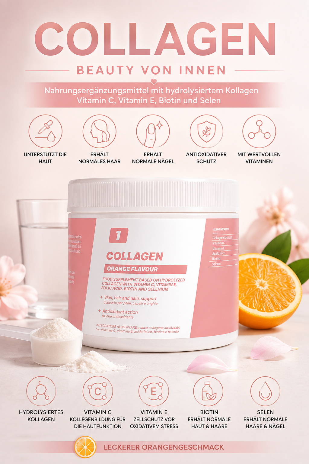 ✨ COLLAGEN – Beauty von innen ✨ 🍊 Nahrungsergänzungsmittel mit hydrolysiertem Kollagen, Vitamin C & E, Biotin und Selen