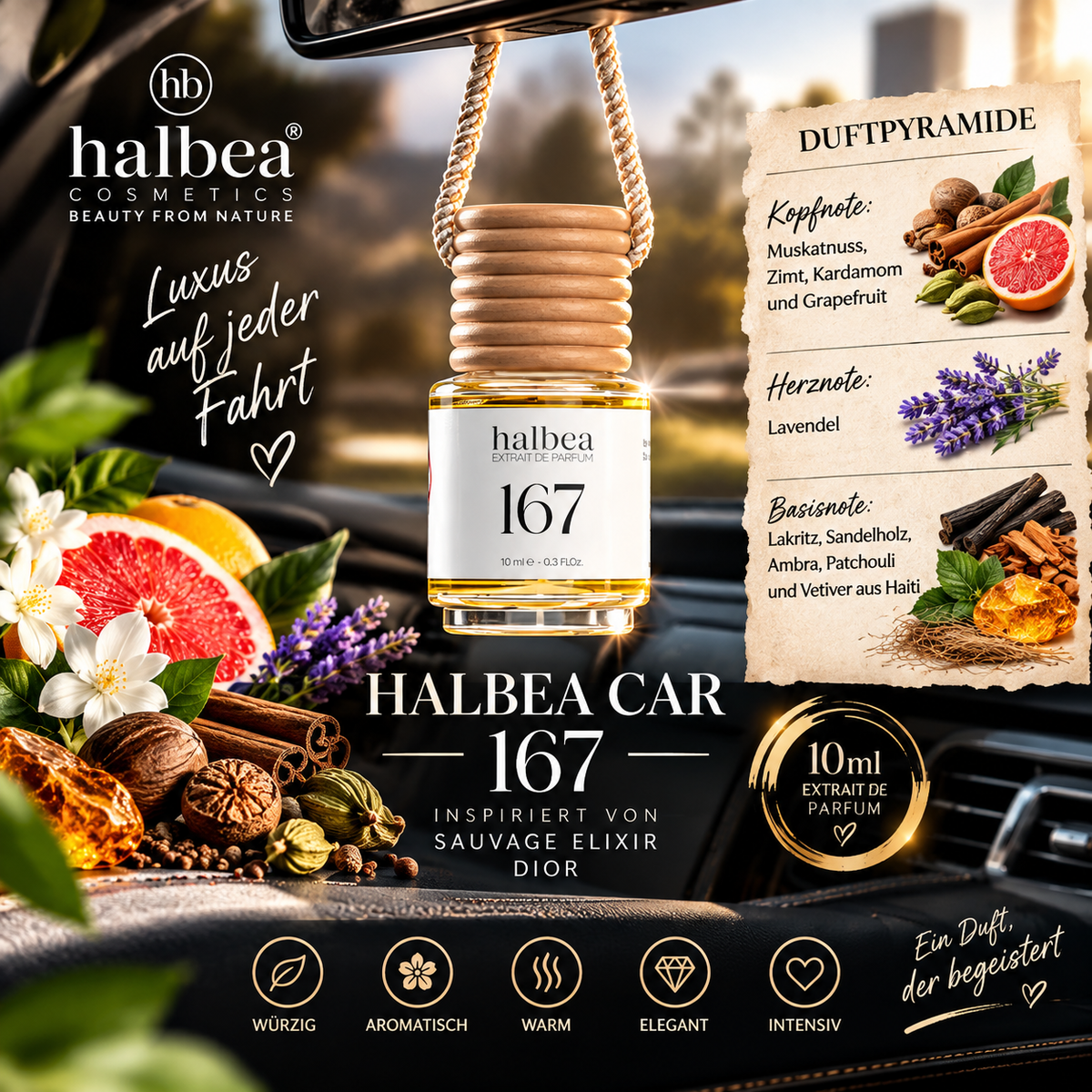 🚗✨ Halbea Car 167 – Auto-Duft 10 ml | Extrait de Parfum ✨🚗inspiriert von Sauvage Elixir – Dior