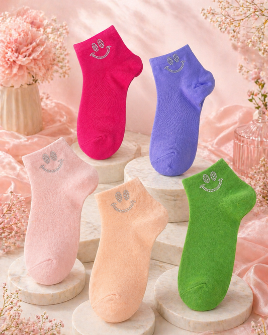 Damen Sneaker-Socken mit Strass-Smiley ✨ Größe 38–41 | 5 Farben erhältlich 🌈