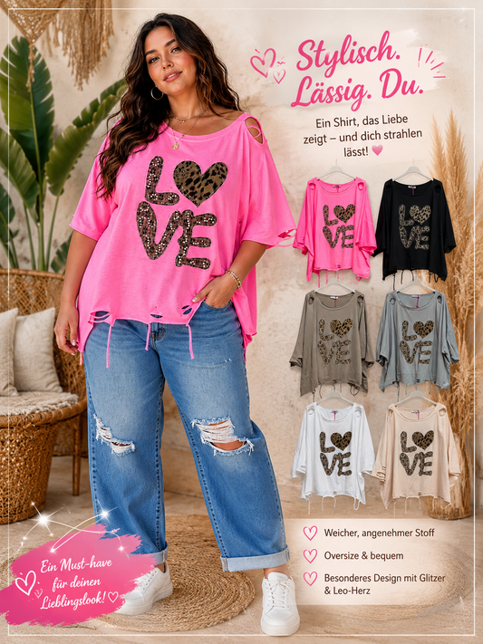💖✨ LOVE Oversize-Shirt mit Leo-Glitzerprint ✨👚 Gr. 42–46 💖