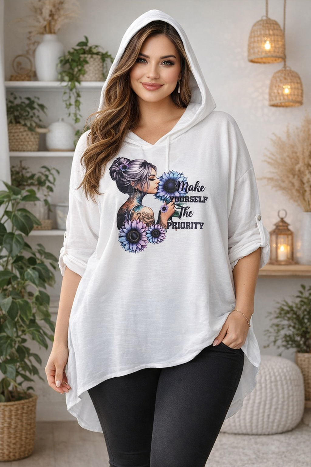 🌸 Blusen-Hoodie "Make Yourself the Priority" 🌸Gr. 46 - 54 in vielen Farben