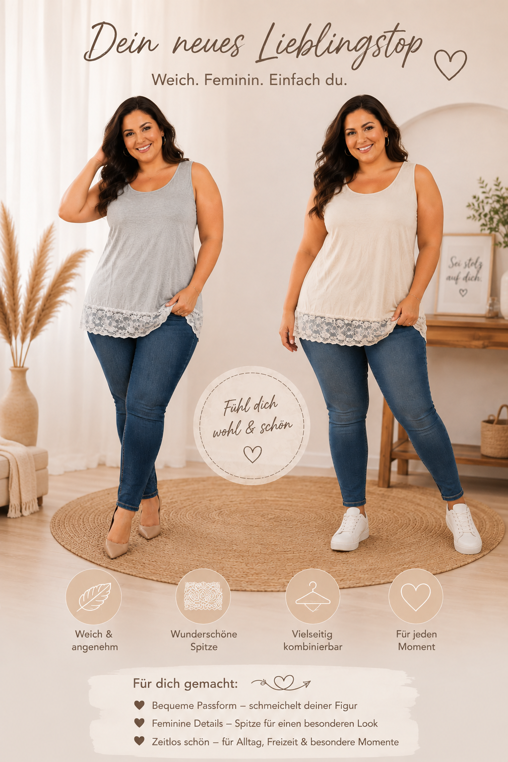 🌸 Damen Longtop mit Spitze – weich, feminin & wunderbar bequem 🌸🌸 Gr. 44–48 🌸