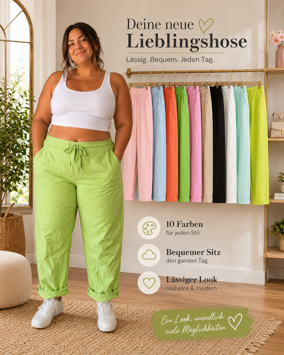 🌈 Lieblingshose Damen | Gr. 44–48 | Bequeme Sommerhose mit Kordelzug 💚 10 Farben ✨