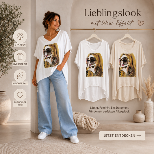 🌸 Oversize Shirt Gr. 42–48 🤍 Beige & Weiß | Trendiger Front-Print ✨