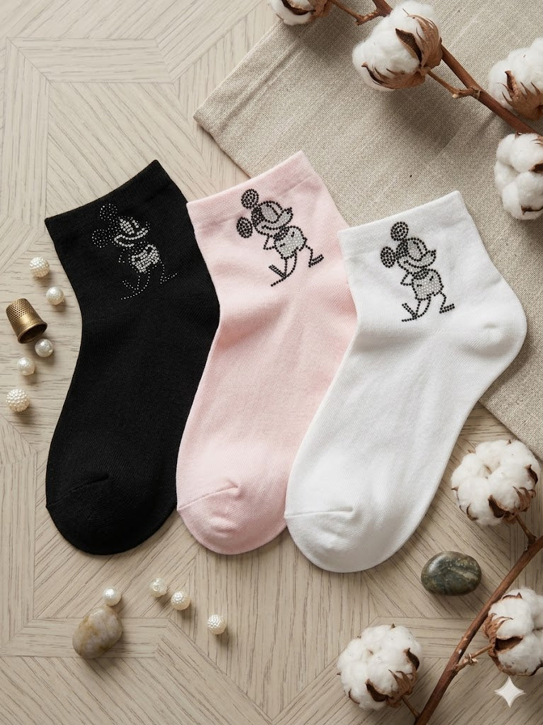 Damen Socken mit Strass-Motiv Mickey-Style – Größe 38-41 – 3 Farben 🖤💗🤍