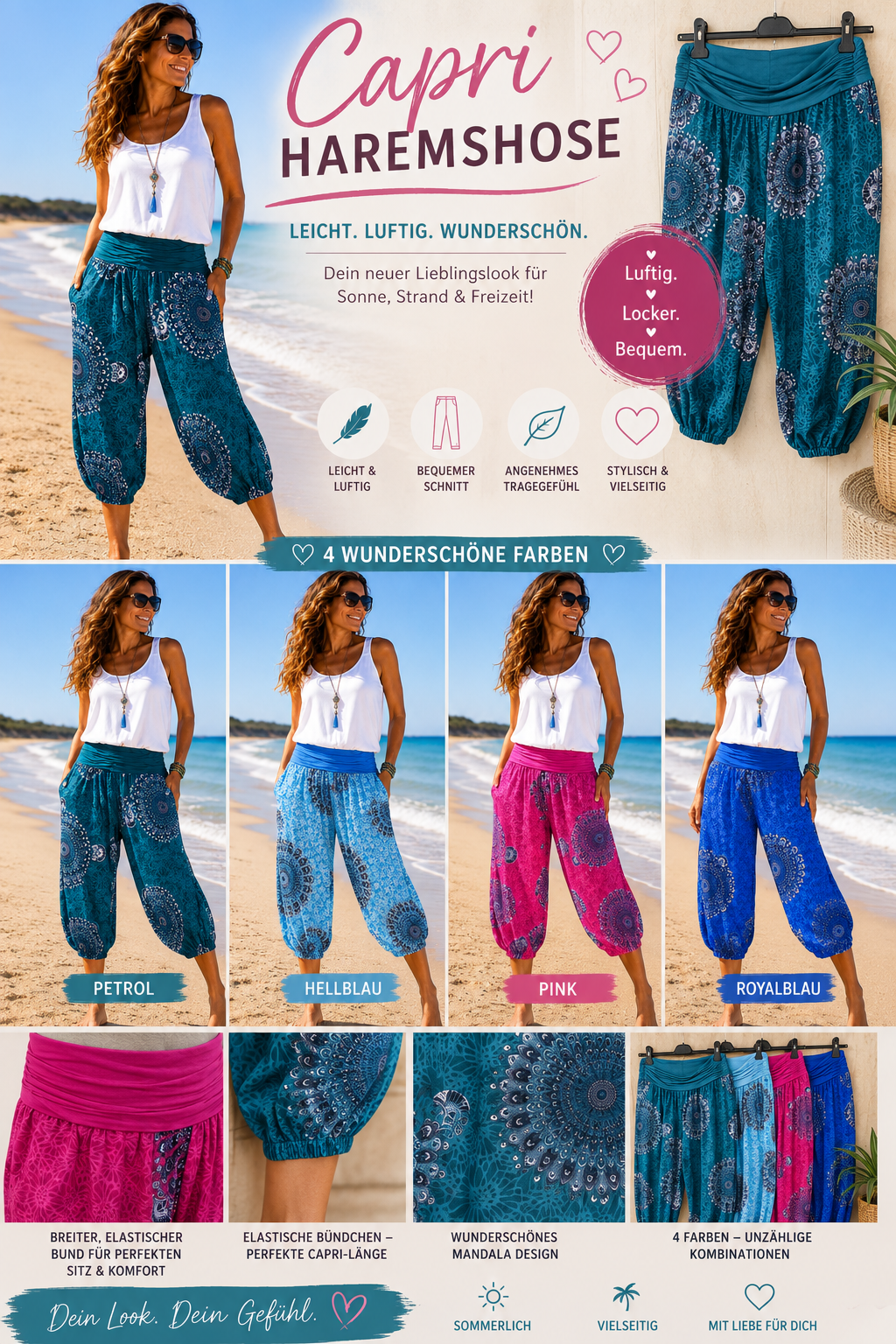 💖 Capri-Haremshose Gr. 36–42 – 4 traumhafte Farben | 100 % Viskose | Luftig, bequem & perfekt für den Sommer