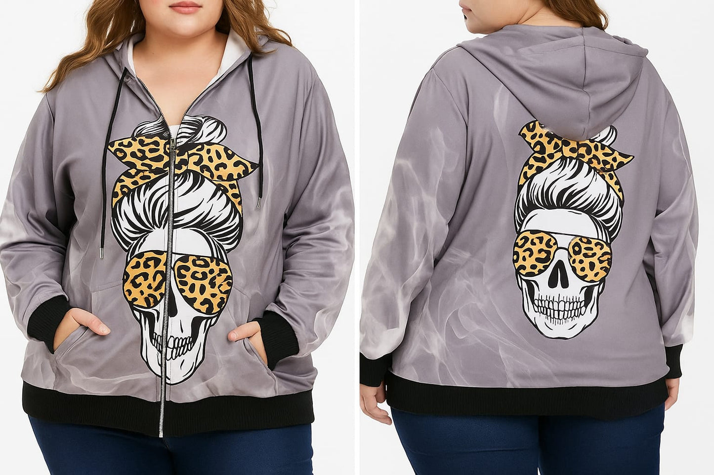 🖤💀🕶️ Lässige Kapuzenjacke in Übergröße Größe 46-52 – Auffälliger Skull-Leopard-Print!