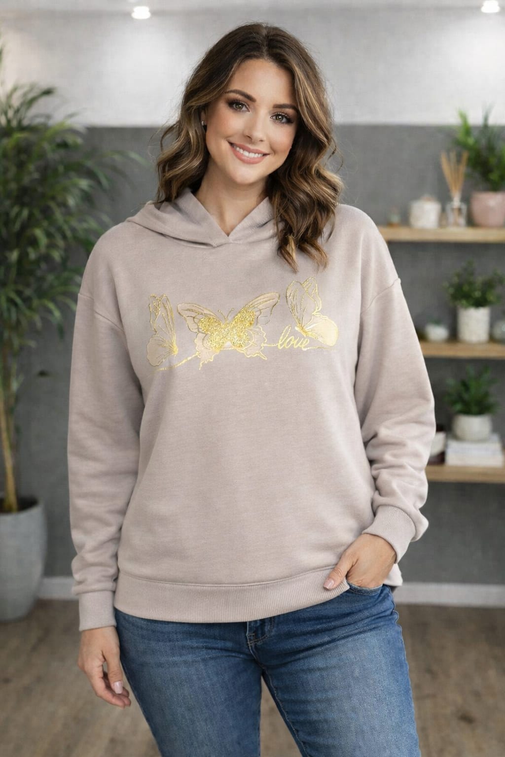 Butterweicher Hoodie mit Gold-Print Schmetterlinge Gr. 42-46 in versch. Farben