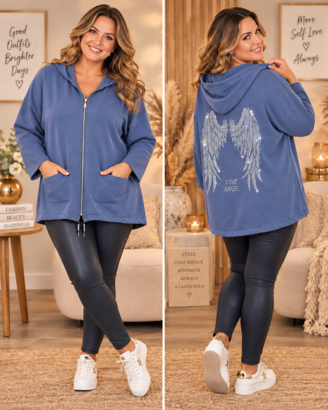 💙✨ Oversize Kapuzenjacke „Love Angel“ mit Strass-Flügeln | Gr. 42–46 ✨💙