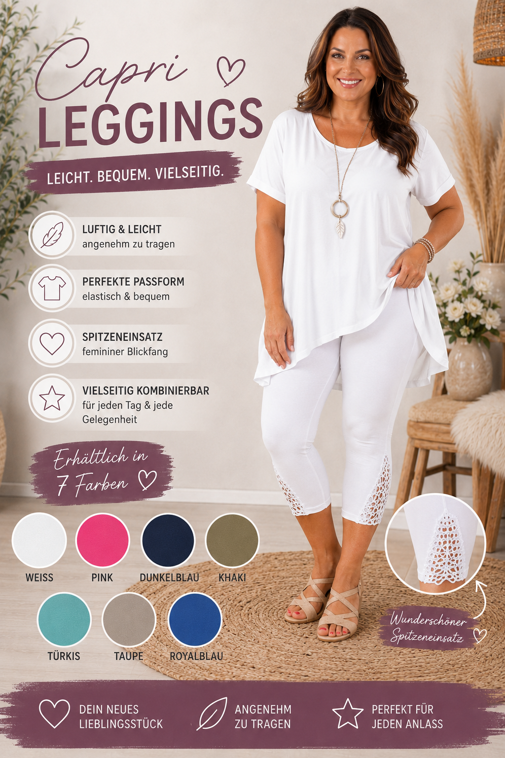 ✨🩳 Capri Leggings mit Spitzeneinsatz – Gr. 44–50 | Super bequem & vielseitig kombinierbar 💖