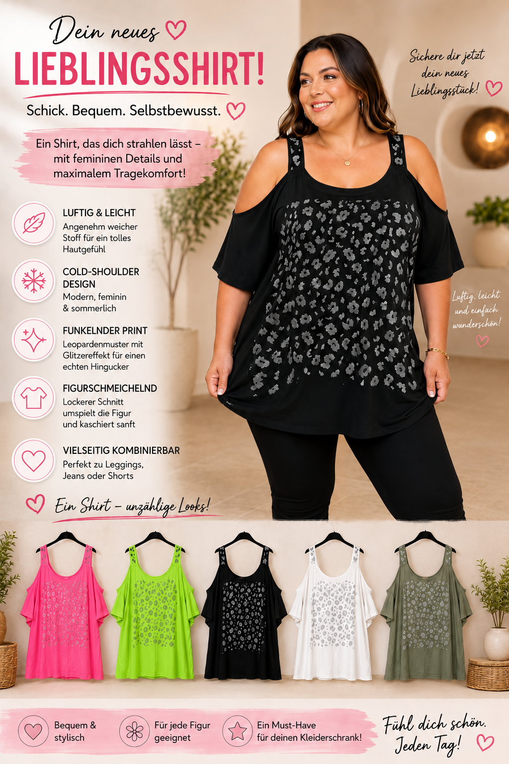 ✨ Cold-Shoulder Shirt mit Glitzer-Leo-Print – Dein neuer Lieblingslook! 💖