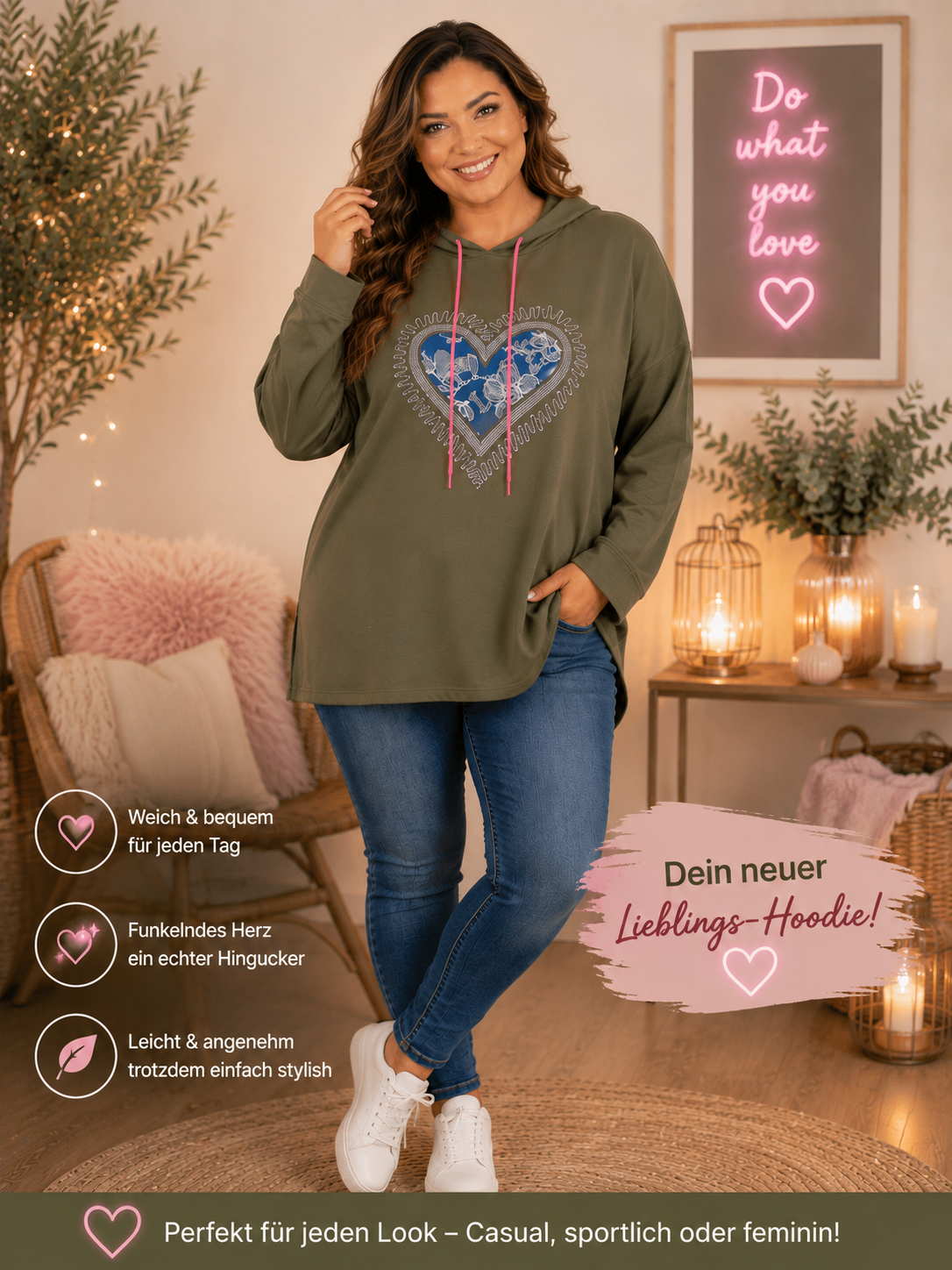 💖 Damen Oversize Hoodie „Herz“ – Gr. 46–52 | 3 Farben 💖
