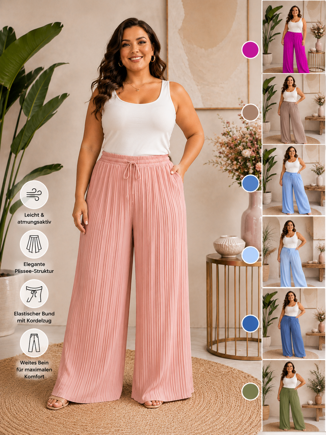 ✨ Plissee Palazzo-Hose Curvy – Gr. 42–48 | Weites Bein & elastischer Bund 💕🌸