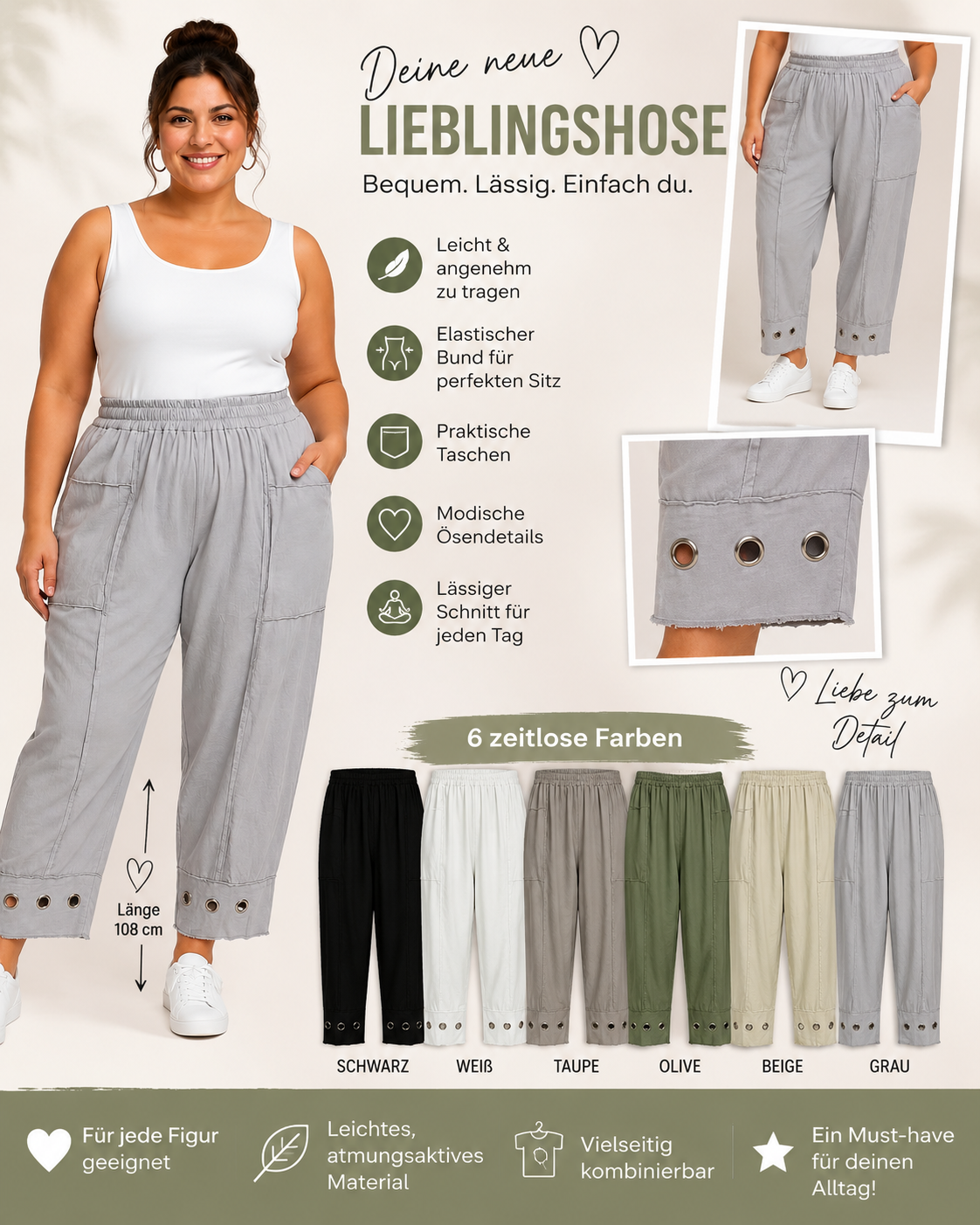 ✨ Lieblingshose mit modischen Ösendetails – 6 Farben | Gr. 46–52  🤍👖