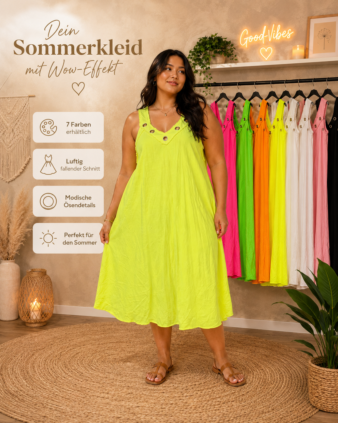 🌞 Sommerkleid Gr. 42–50 💛 Luftig leichtes A-Linien Kleid🌿✨