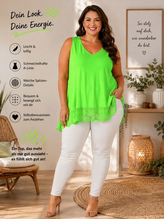 💚 Neonfarbenes Damen Longtop mit Spitze – Gr. 44–48