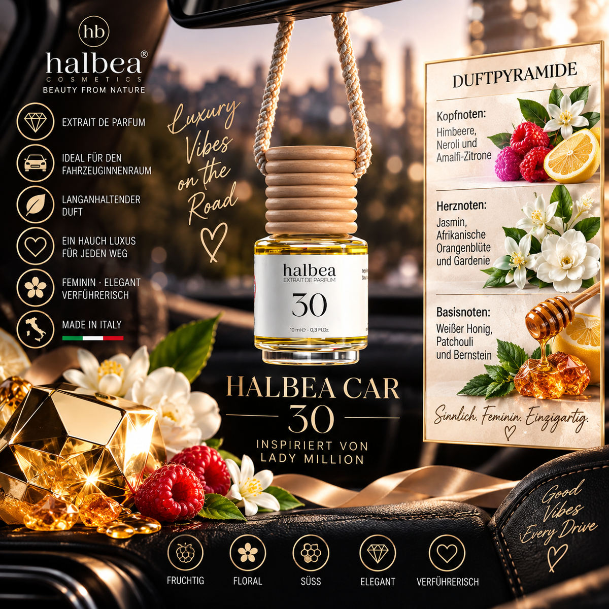 💎🚗 Halbea Car 30 – Auto-Duft 10 ml | Extrait de Parfum 🚗💎Duftcharakter von Lady Million – Paco Rabanne