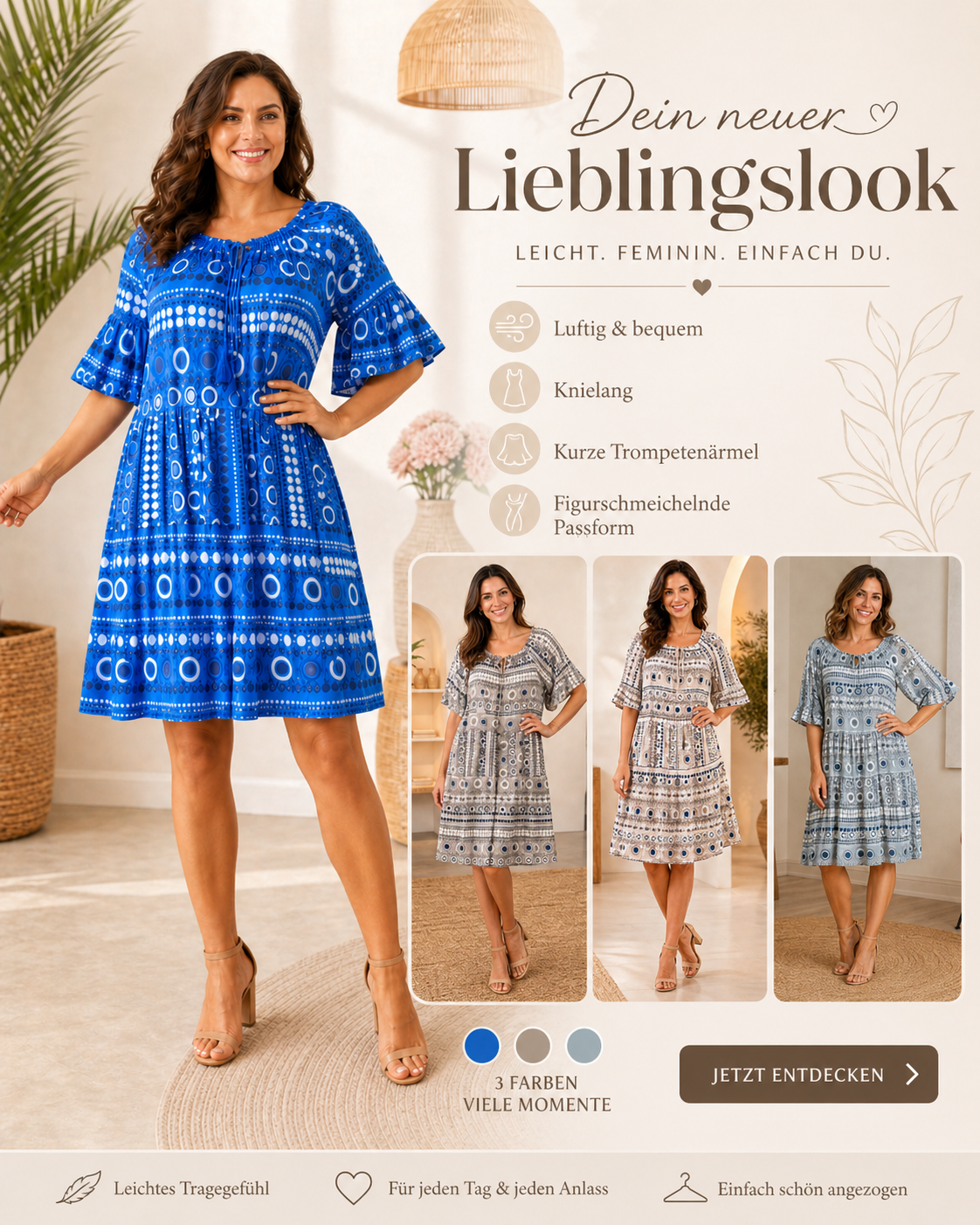 🌸 Boho Sommerkleid Gr. 38–42 👗 Knielanges Viskosekleid mit kurzen Trompetenärmeln 🌿✨