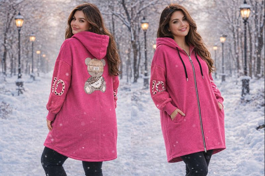 Kuscheliger Oversize-Hoodie-Mantel mit Teddy-Details 🧸✨ – 2 Farben – Gr. 48-54