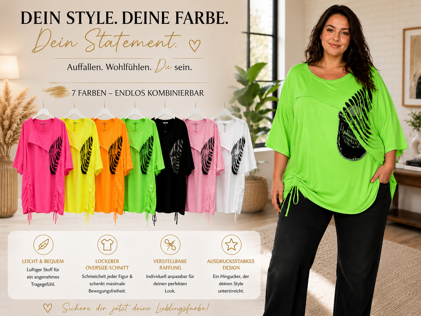 💚✨ Oversize Shirt mit Glitzer-Scull 🍃✨ Gr. 46–52