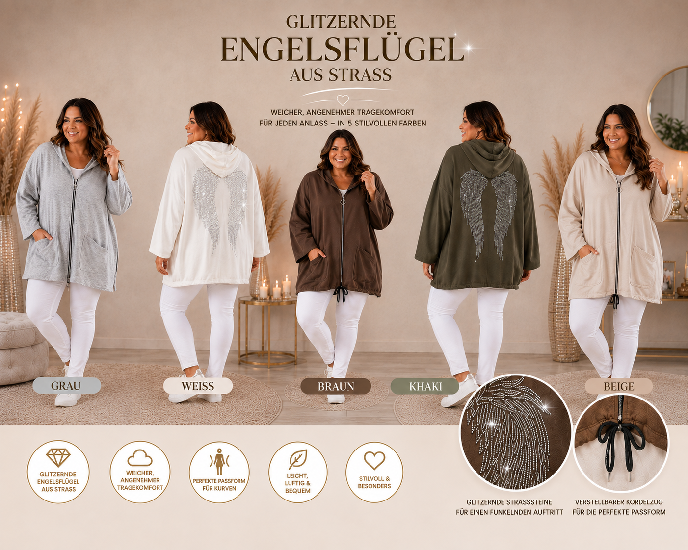 💎 Damen Longjacke Gr. 46–52 | Butterstoff | Strass-Engelsflügel | 5 Farben 👼✨