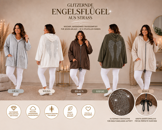 💎 Damen Longjacke Gr. 46–52 | Butterstoff | Strass-Engelsflügel | 5 Farben 👼✨