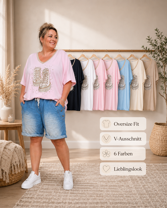 ✨ Oversize Shirt „Sneaker Love“ 👟 | Gr. 48–54 | 6 Farben | V-Ausschnitt 💖