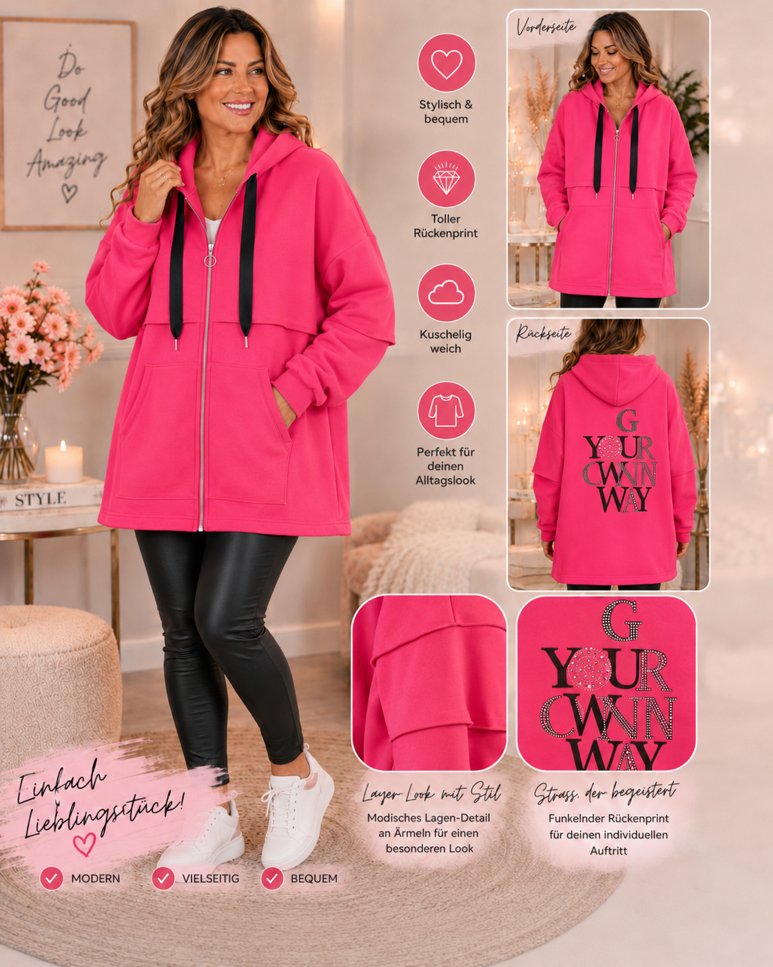 🧥 Damen Kapuzenjacke „YOUR OWN WAY“ – in 3 Farben | Gr. 44–48