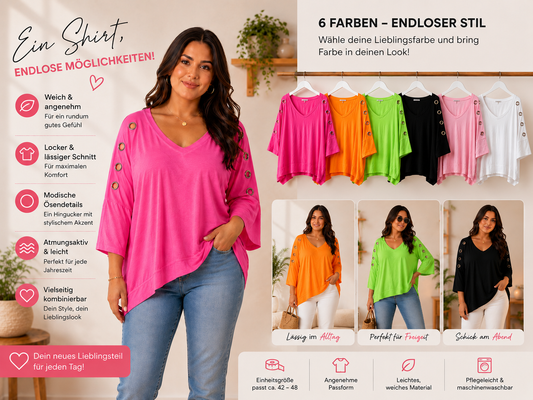 Oversize Shirt Gr. 42–48 💖✨ Shirt mit V-Ausschnitt & Ösendetails 🌈