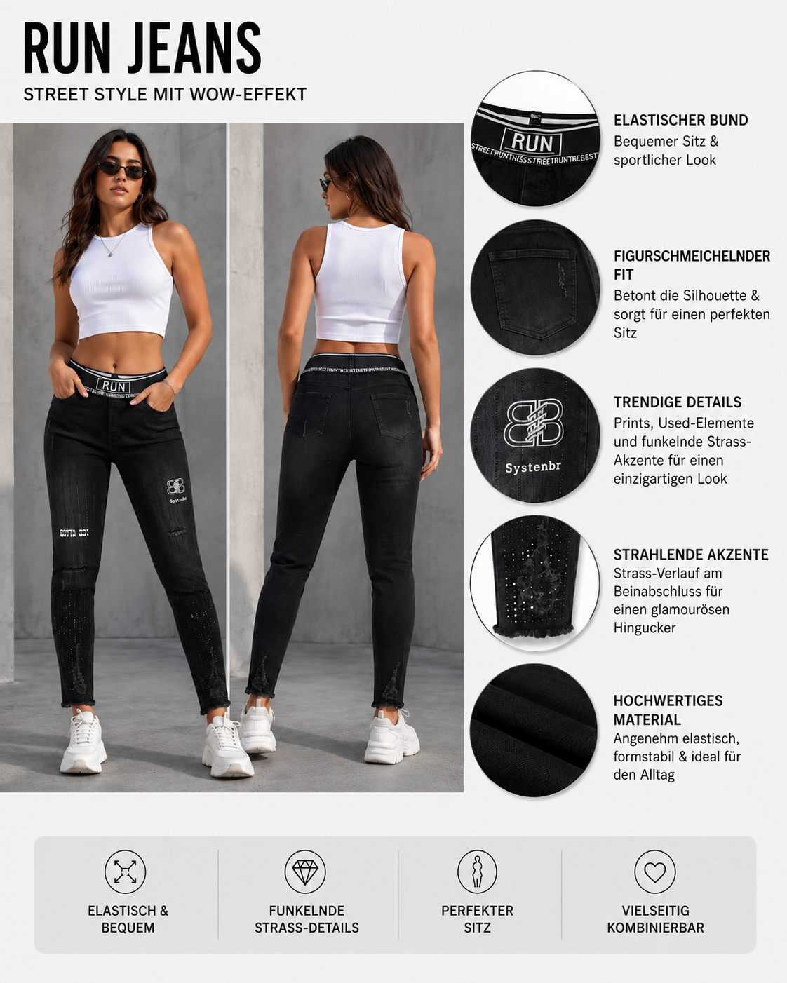 🖤 RUN Jeans – Schwarze Damenjeans mit funkelnden Details & elastischem Bund