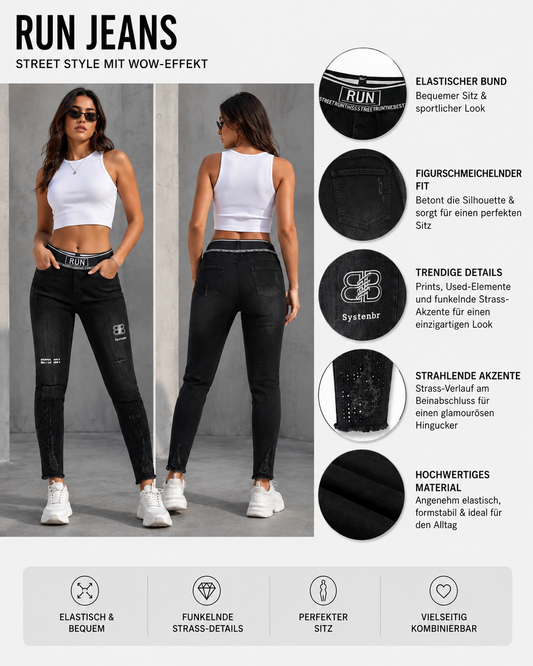 🖤 RUN Jeans – Schwarze Damenjeans mit funkelnden Details & elastischem Bund