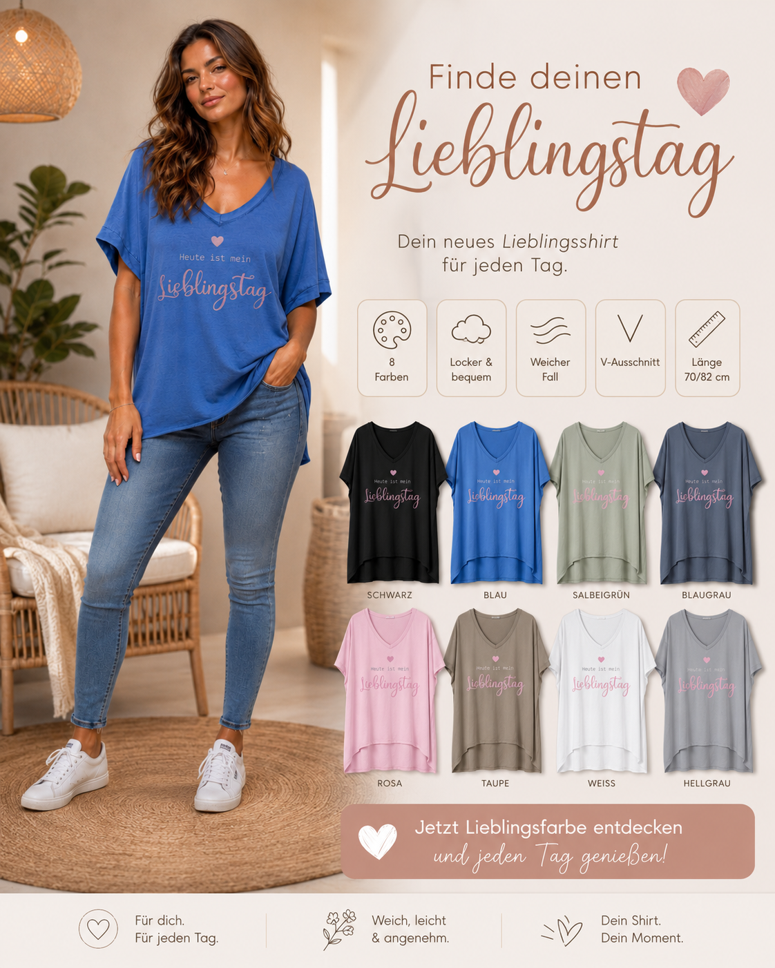 💕 „Heute ist mein Lieblingstag“ Oversize Shirt Gr. 42–48 ✨ Locker & bequem 🛍️