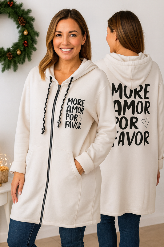 ✨ Sweatjacke mit Kapuze & Statement-Print "MORE AMOR POR FAVOR" 🌸  Gr. 38-46 | 2 Farben zur Auswahl 🖤🤎🤍🌿