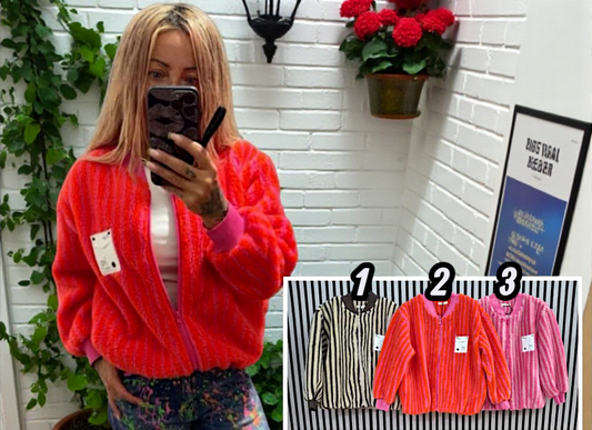 🌈 Damen Teddyjacke „Color Vibes“ – Flauschige Kurzjacke mit Streifen-Design – Gr. 38–42