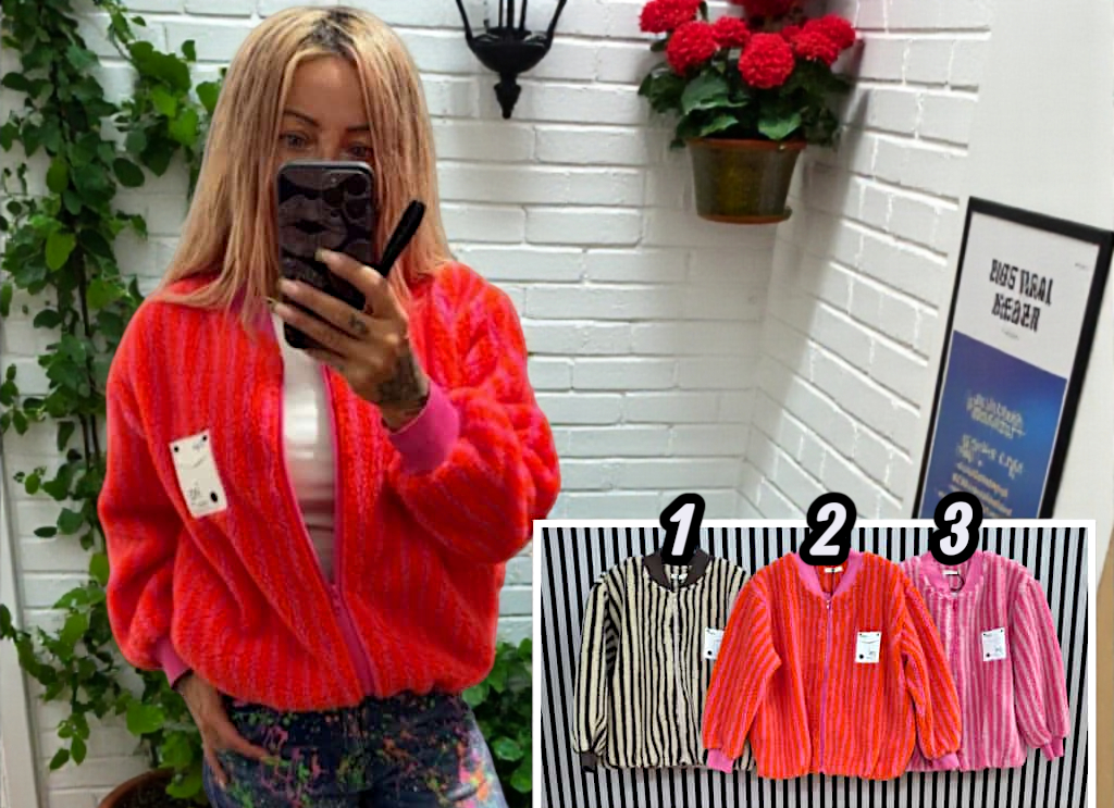 🌈 Damen Teddyjacke „Color Vibes“ – Flauschige Kurzjacke mit Streifen-Design – Gr. 38–42