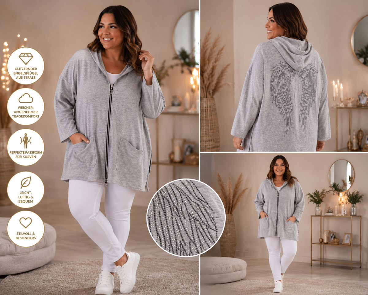 💎 Damen Longjacke Gr. 46–52 | Butterstoff | Strass-Engelsflügel | 5 Farben 👼✨