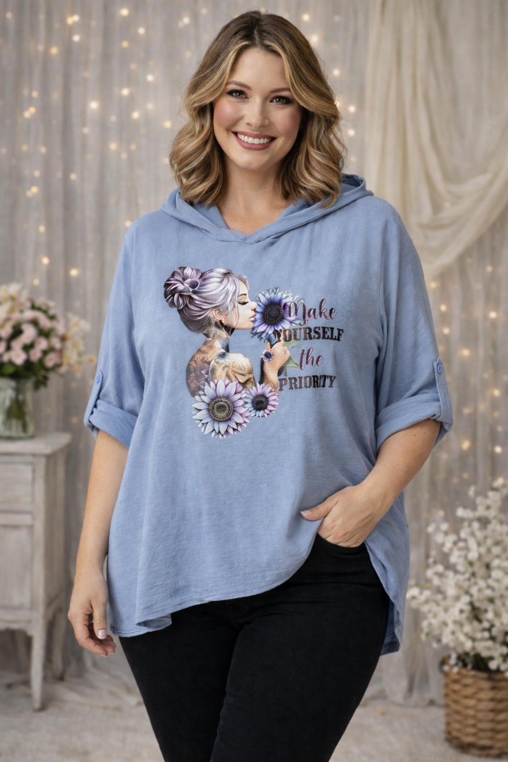 🌸 Blusen-Hoodie "Make Yourself the Priority" 🌸Gr. 46 - 54 in vielen Farben