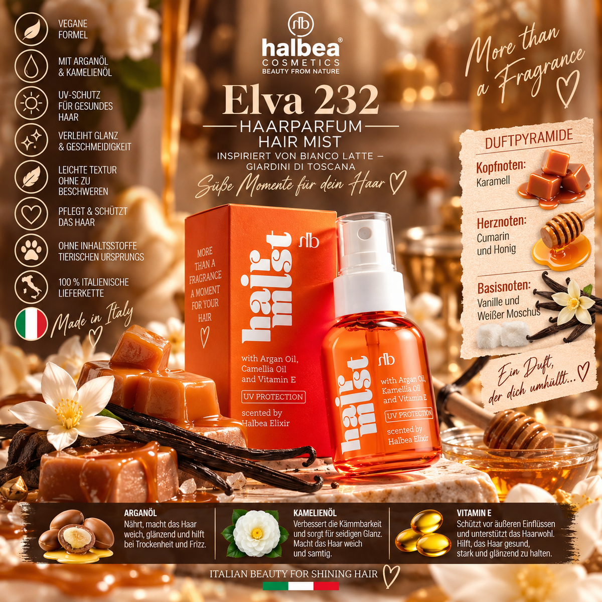 🍯✨ Elva 232 – Haarparfum 50 ml ✨🍦🤍  Duftcharakter inspiriert von Bianco Latte – Giardini di Toscana