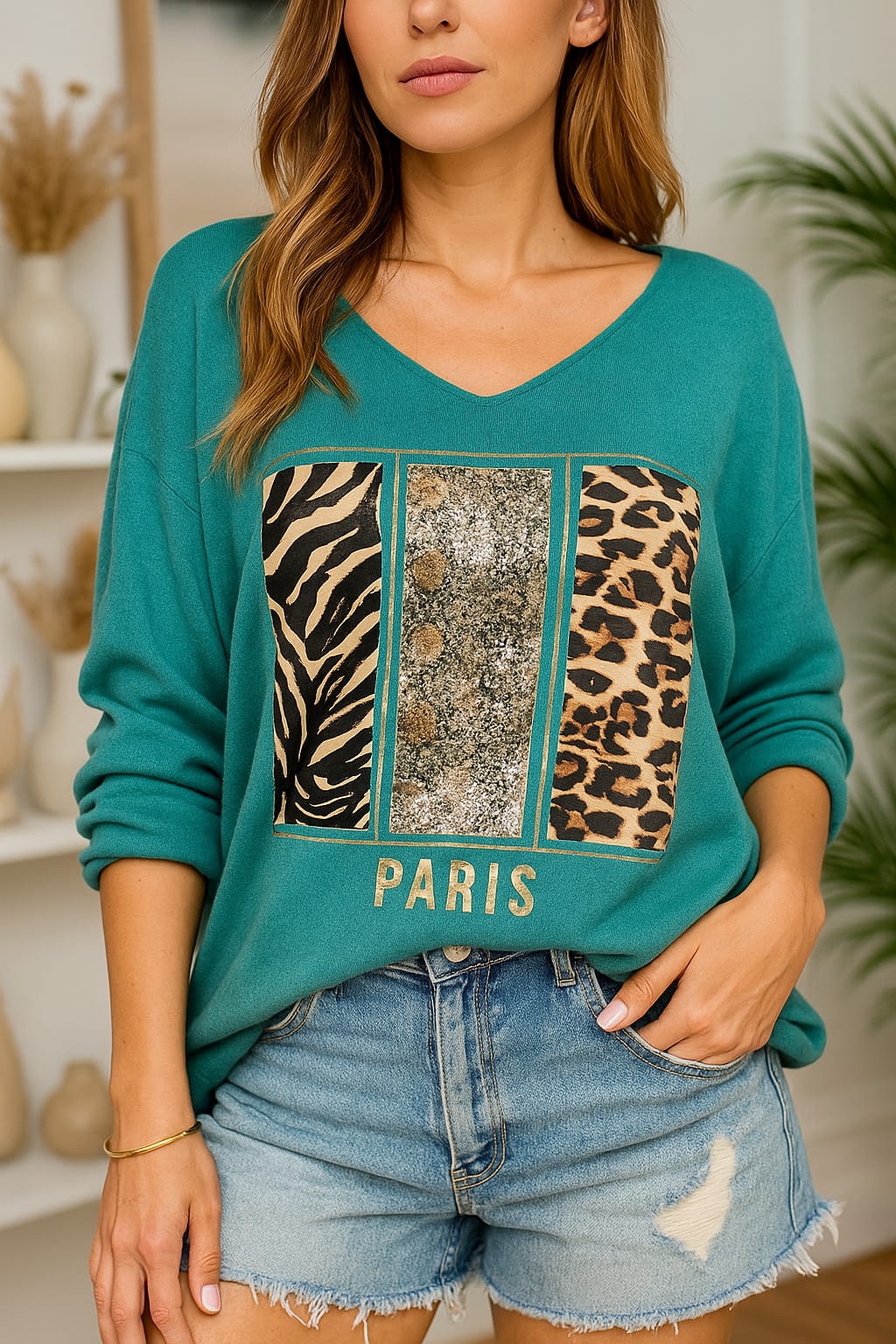 🐆 Luxuriöser Feinstrickpullover "PARIS" mit Animal-Print, Pailletten & V-Ausschnitt (Größe 42-46) ✨