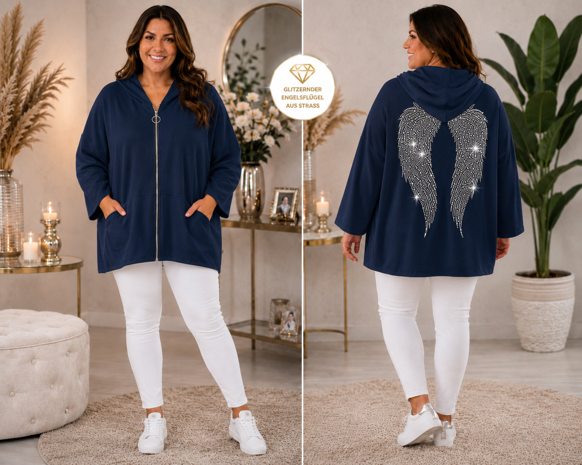 💎 Damen Longjacke Gr. 46–52 | Butterstoff | Strass-Engelsflügel | 5 Farben 👼✨
