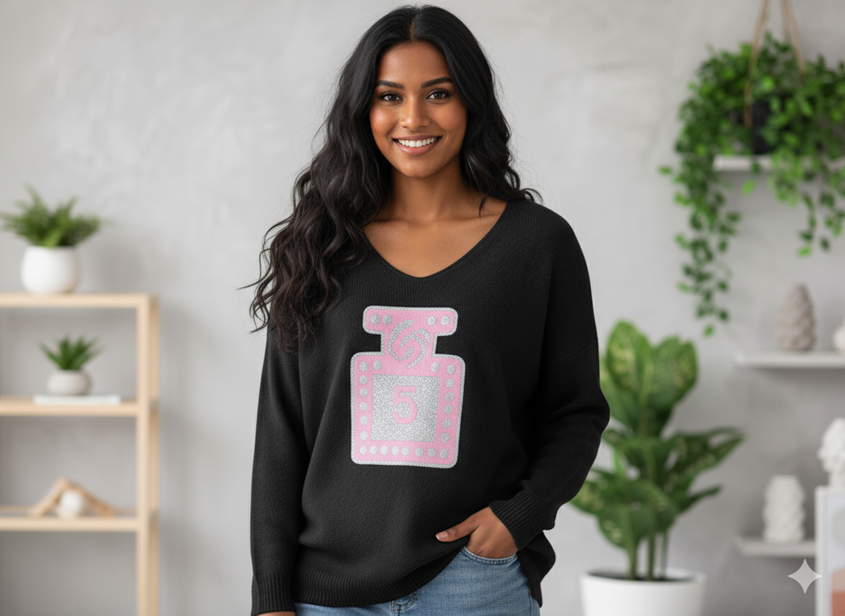 Kuschliger Pullover mit Parfumflaschen-Design Gr. 46 - 50 in versch. Farben