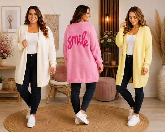 🧥 Kuscheliger Cardigan "Smile" – bis Gr. 48 – in 3 Farben 🤍💛🌸